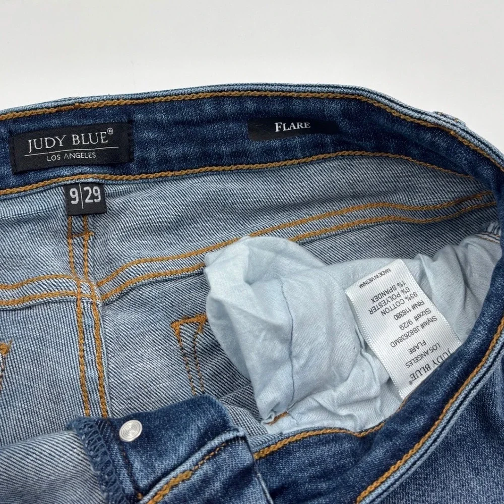 Judy Blue Women's 9/29 Flare‎ Medium Wash Distressed Button Fly High Rise Jeans